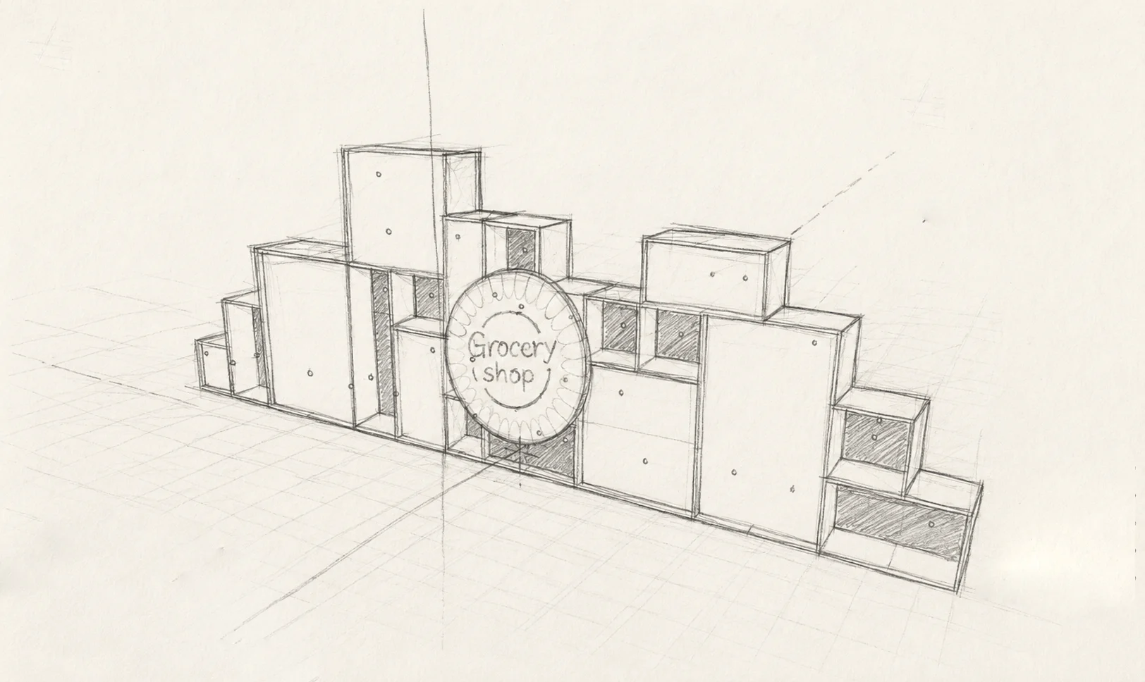 Concept sketch: the crate stack at mainstage scale, logo disc set into it
