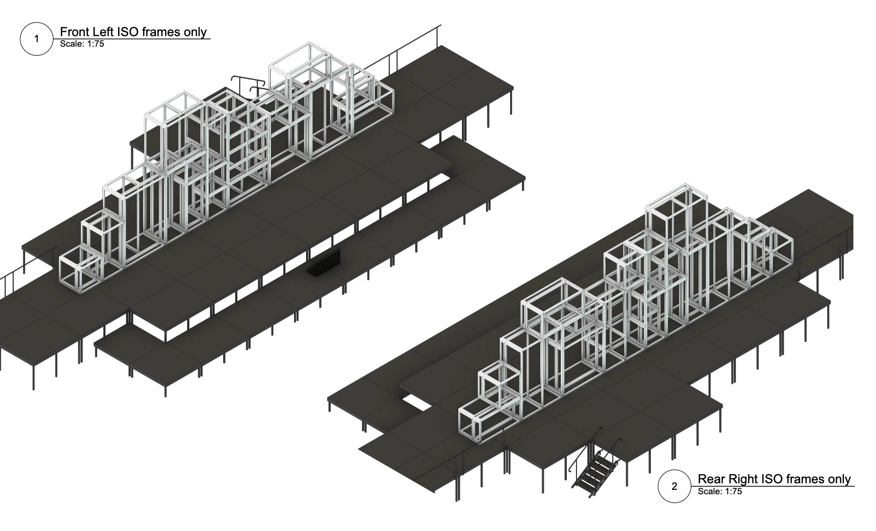 Frames-only ISO views at 1:75, front left and rear right