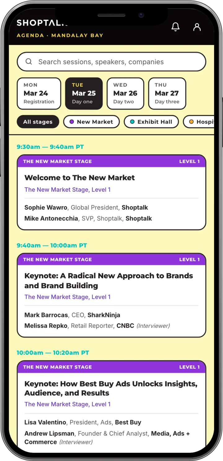 App agenda screen: day tabs across the top and session cards headed in each stage color, carrying the real Shoptalk Spring 2025 program