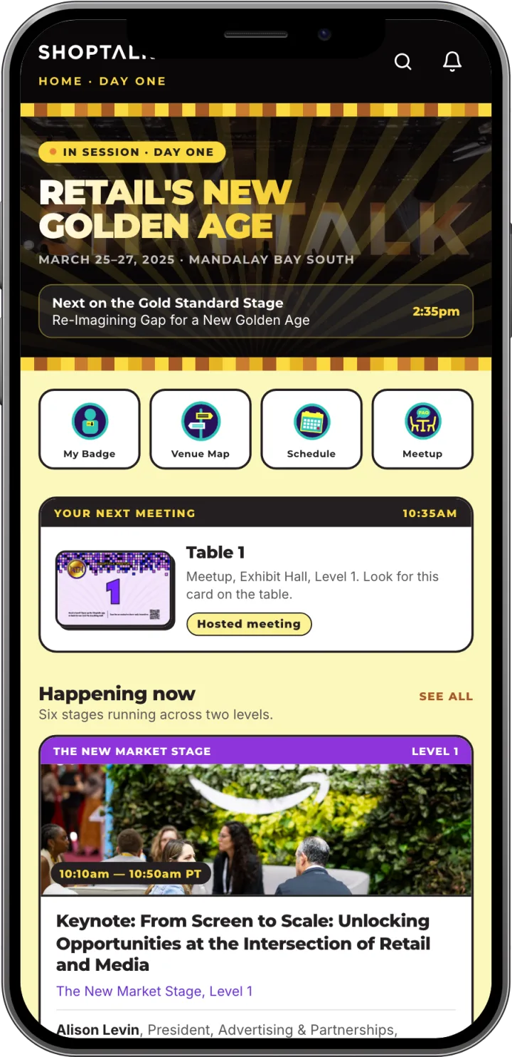 App home screen: the mainstage photograph under a gold mosaic band, the theme set in a gold gradient, and a card showing the next meeting against the printed Meetup table card