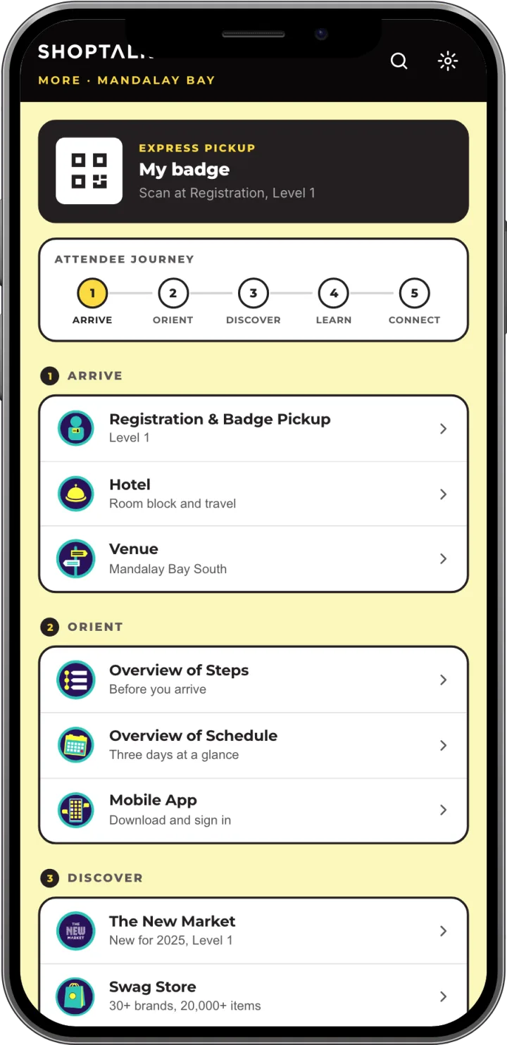 App more screen: the attendee journey stepper above the Attendee Hub icons, grouped under Arrive, Orient, Discover, Learn and Connect