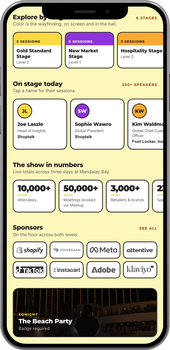 App home screen scrolled to the stage rail, the speaker cards and the show-in-numbers strip