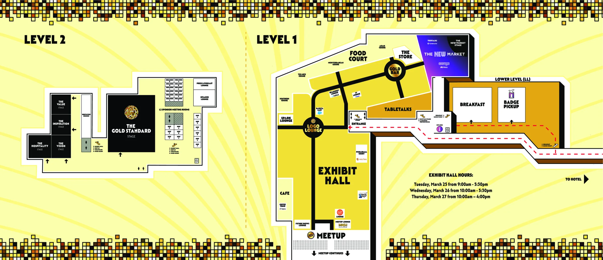 The printed Shoptalk Spring 2025 show map: Level 2 at left with the four stages and the sponsor meeting rooms, Level 1 at right with the exhibit hall, food court, The Store, The New Market and Meetup, drawn on a yellow sunburst ground between two mosaic bands