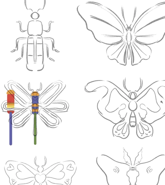Sketches built up into colored, modular vector assets