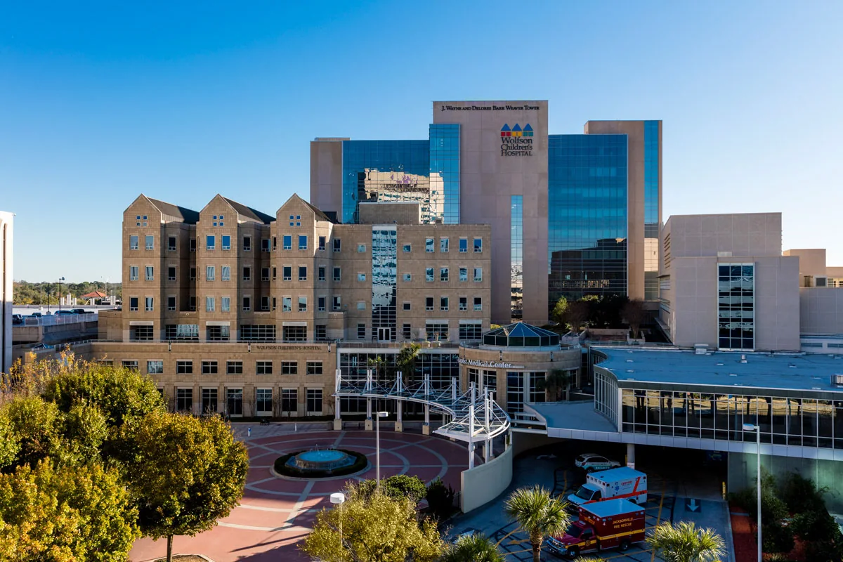 The glass tower and entrance plaza at Wolfson Children's Hospital, Jacksonville