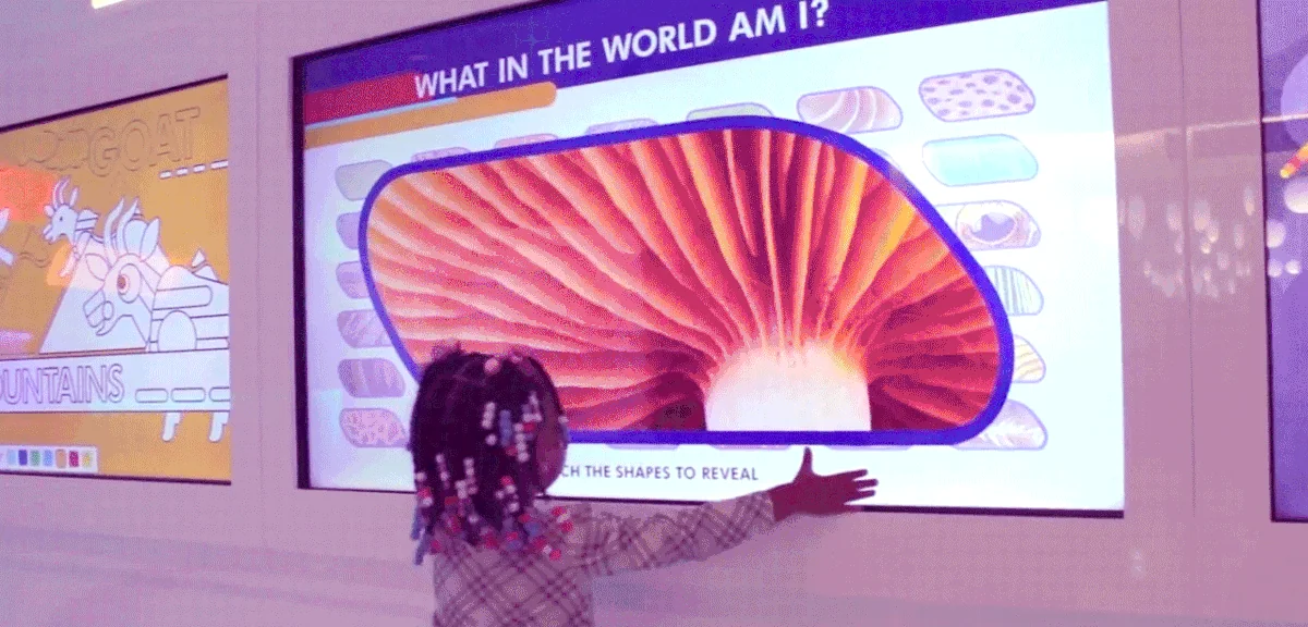 A child reaching across the interactive wall, a glowing creature revealed on the screen