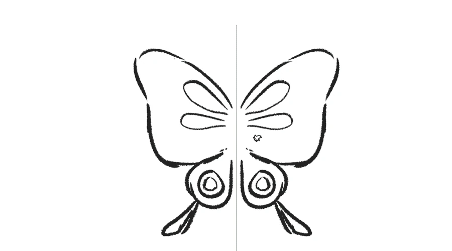 An early hand-drawn butterfly concept, symmetrical line work on a white canvas