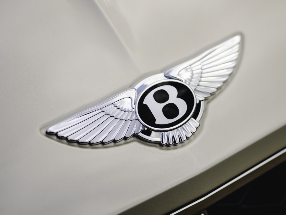 Bentley winged B badge on white bodywork